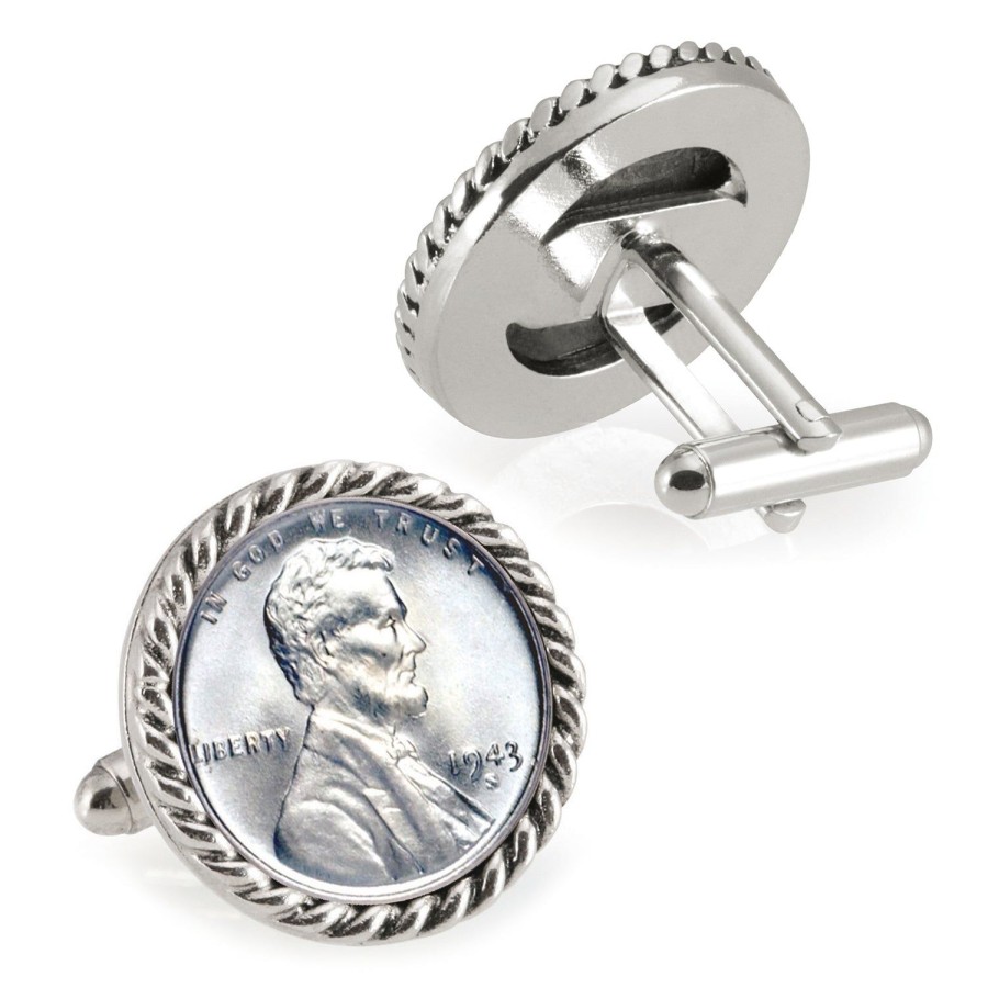 American Coin Treasures 1943 Lincoln Steel Penny Silvertone Rope Bezel Coin Cuff Links | Classic Cufflinks