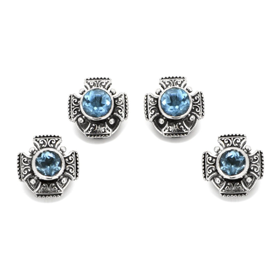 Konstantino Sterling Maltese Cross Round Cut Blue Topaz Studs | Stud Sets