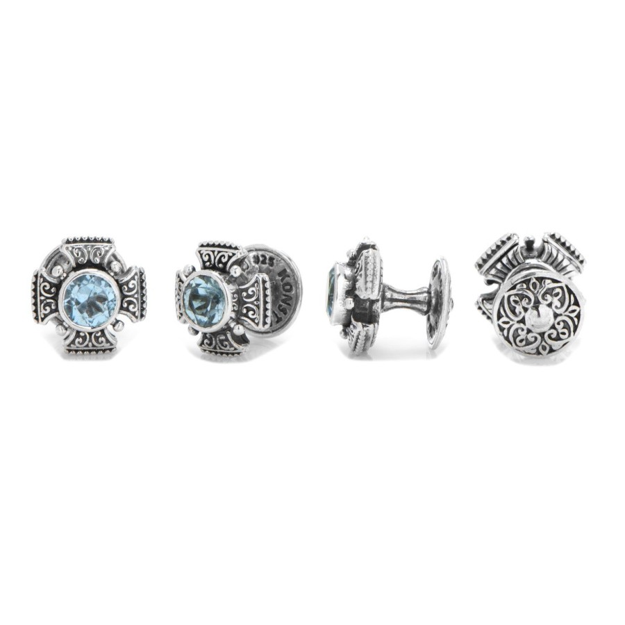 Konstantino Sterling Maltese Cross Round Cut Blue Topaz Studs | Stud Sets