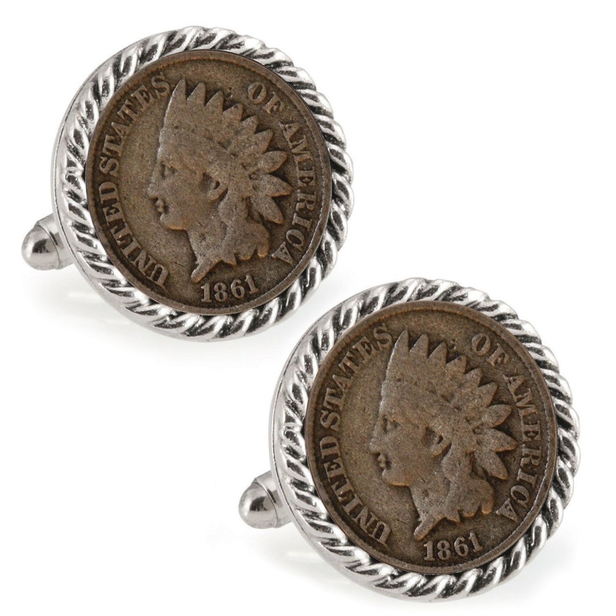 American Coin Treasures Civil War Indian Head Penny Silvertone Rope Bezel Coin Cuff Links | Classic Cufflinks