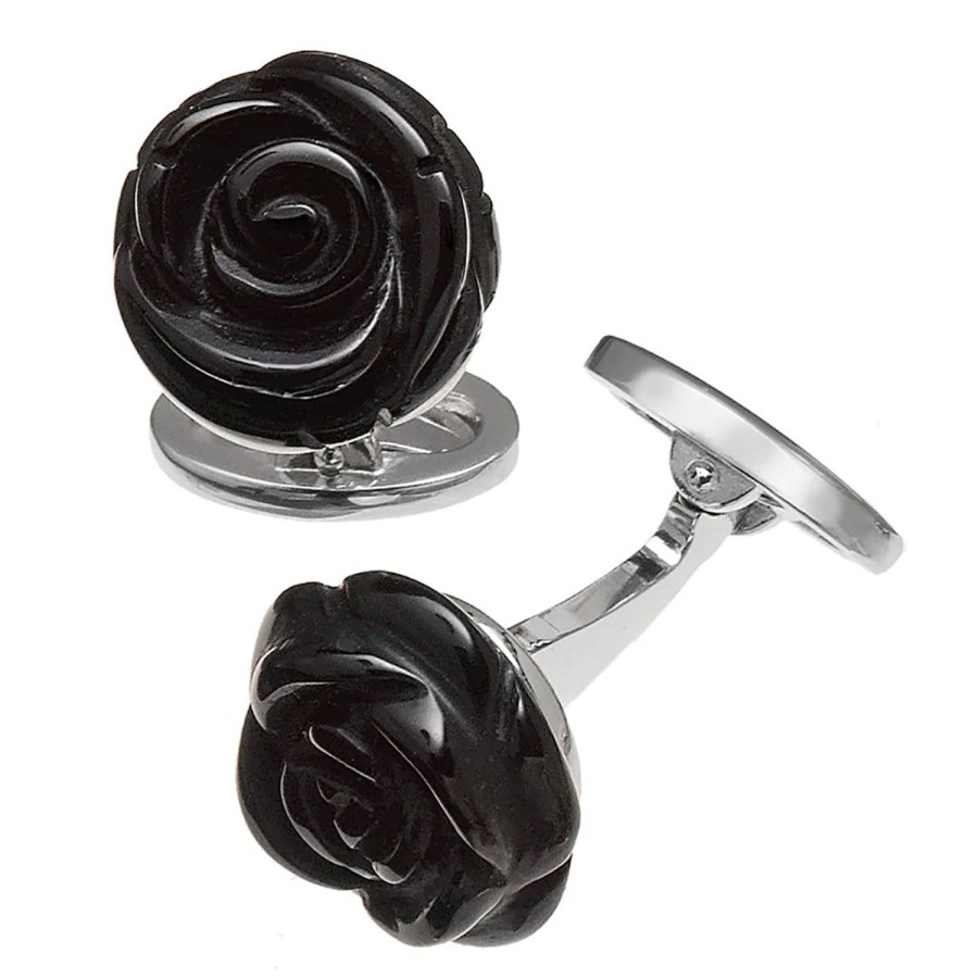 Jan Leslie Sterling Silver Carved Rose Black Onyx Cufflinks | Classic Cufflinks