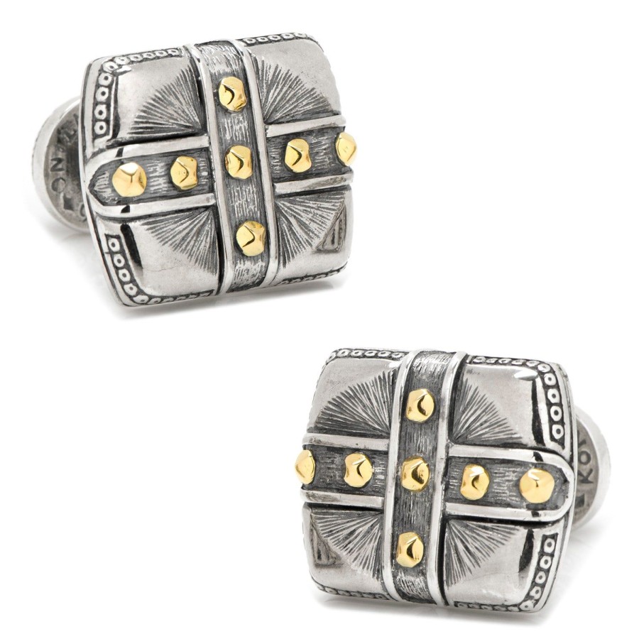 Konstantino Sterling Silver & 18K Gold Square Cross Carved Cufflinks | Classic Cufflinks