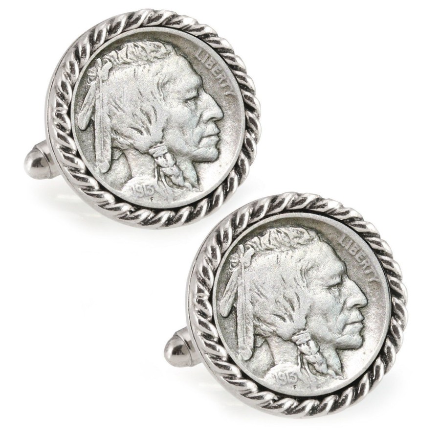 American Coin Treasures 1913 First-Year-Of-Issue Buffalo Nickel Silvertone Rope Bezel Coin Cuff Links | Classic Cufflinks