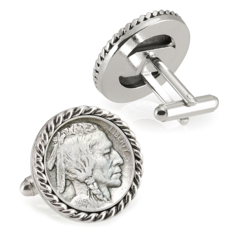 American Coin Treasures 1913 First-Year-Of-Issue Buffalo Nickel Silvertone Rope Bezel Coin Cuff Links | Classic Cufflinks