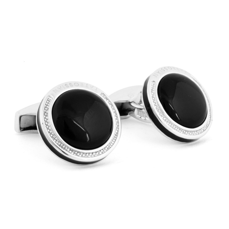 Tateossian Silver Signature Round Onyx Cufflinks | Classic Cufflinks