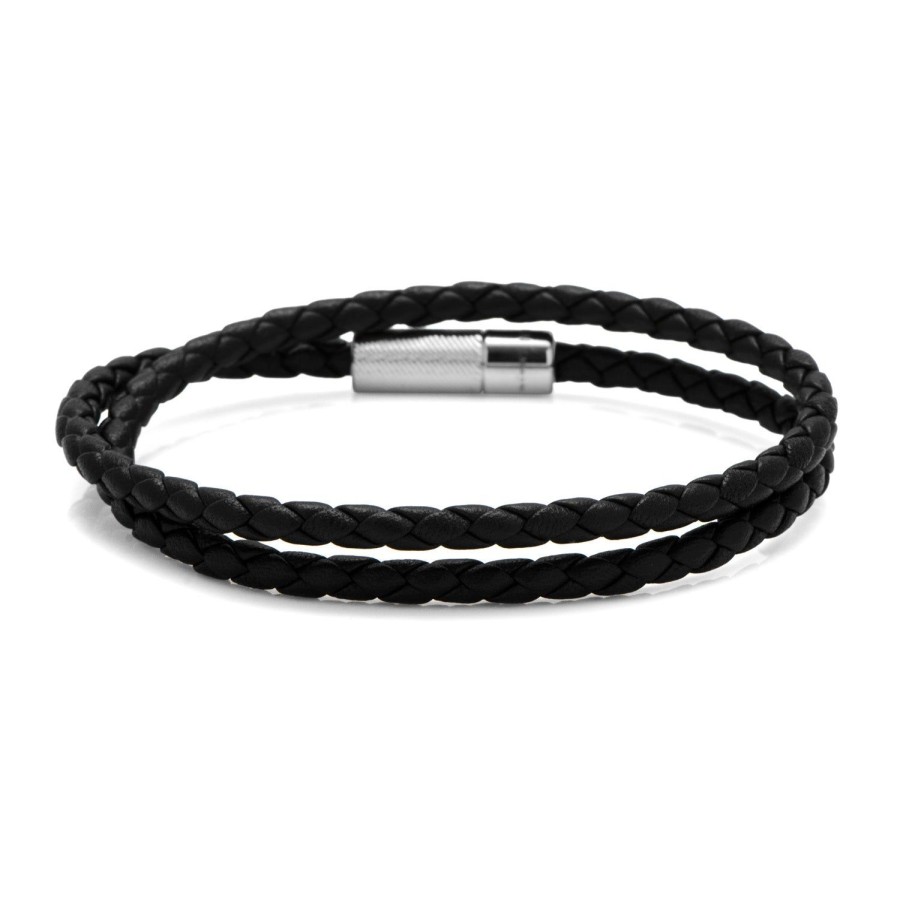 Tateossian Black Leather And Sterling Silver Pop Rigato Bracelet (39Cm) | Bracelets