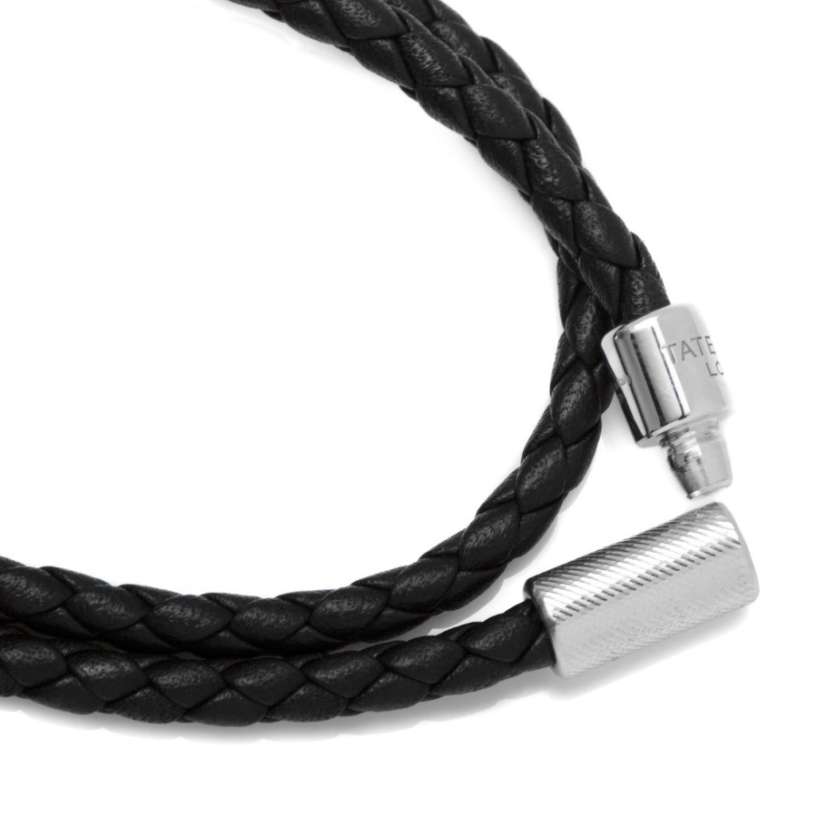 Tateossian Black Leather And Sterling Silver Pop Rigato Bracelet (39Cm) | Bracelets