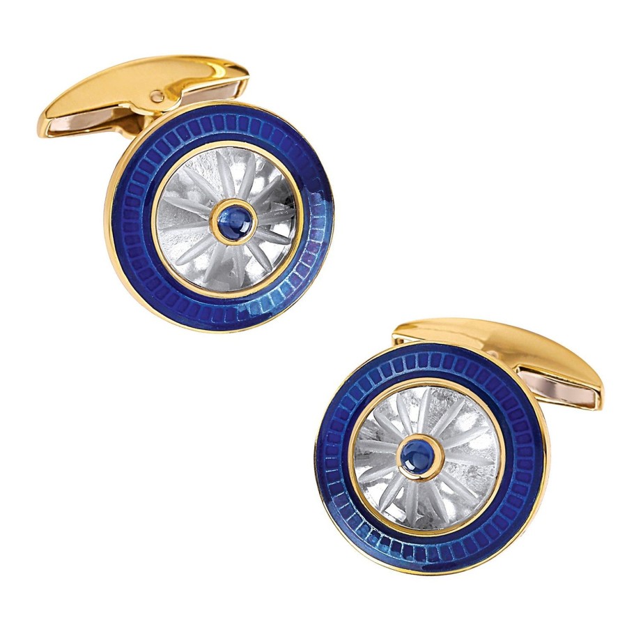 Deakin & Francis 18K Gold Round Crystal Cufflinks With Sapphire Center | Classic Cufflinks