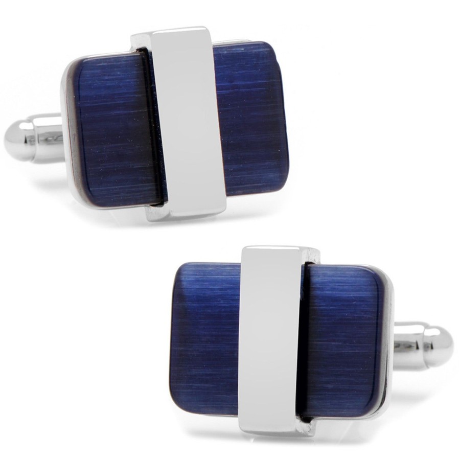 Ox and Bull Trading Co. Silver Wrapped Navy Blue Catseye Cufflinks | Classic Cufflinks