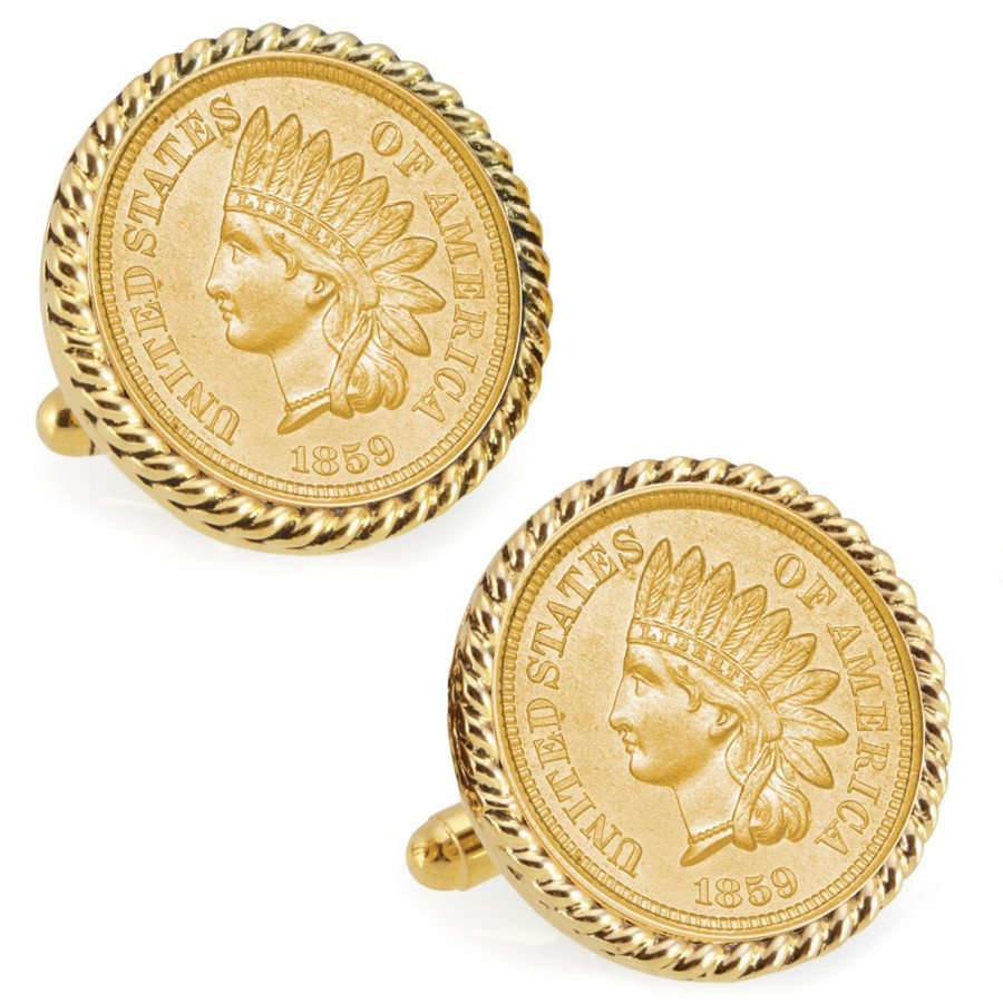 American Coin Treasures Gold-Layered 1859 First-Year-Of-Issue Indian Head Penny Goldtone Rope Bezel Coin Cufflinks | Classic Cufflinks