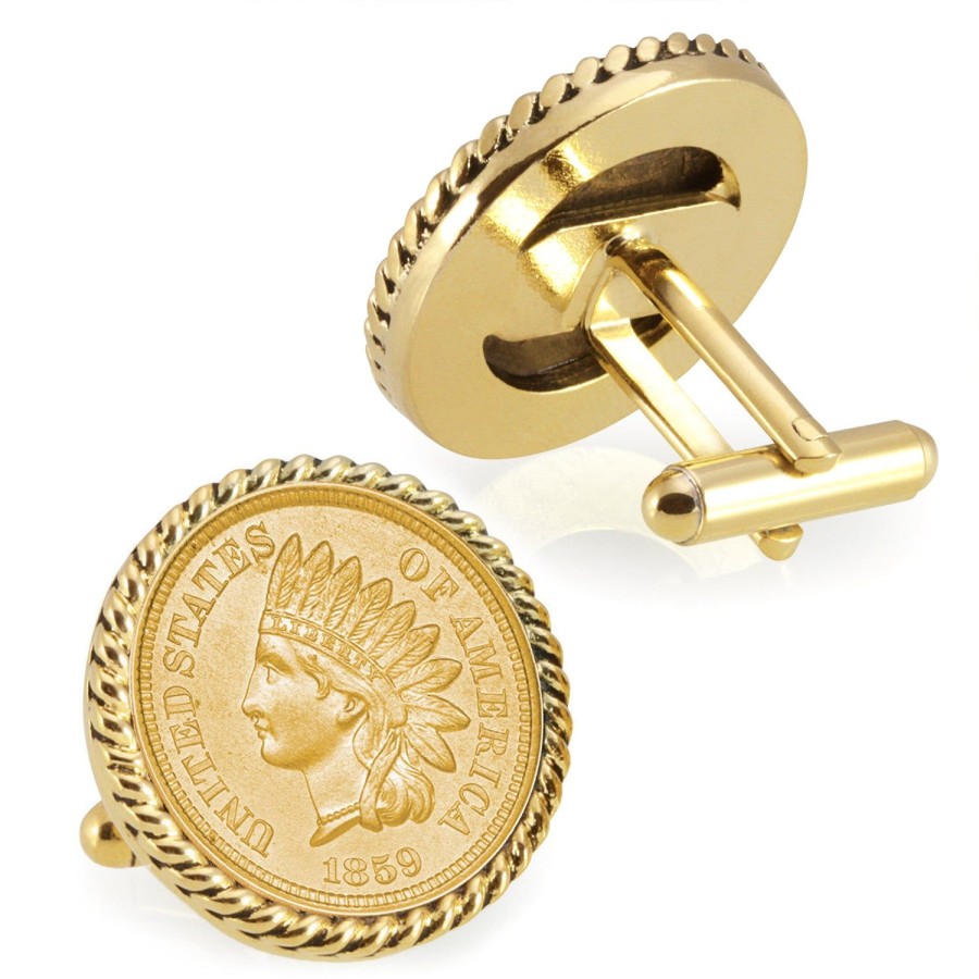 American Coin Treasures Gold-Layered 1859 First-Year-Of-Issue Indian Head Penny Goldtone Rope Bezel Coin Cufflinks | Classic Cufflinks